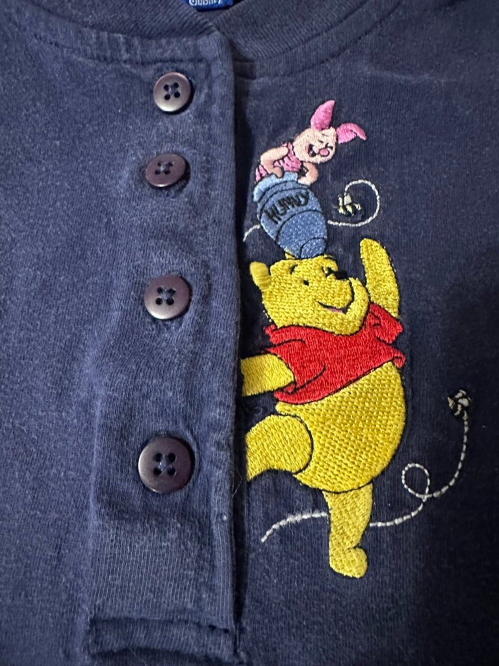 Vintage 1990’s Winnie the Pooh & Piglet Long Sleeve Henley, Navy, Size Lg 14/16 - Picture 2 of 5